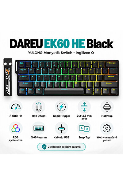DAREU EK60 HE Black %60 YULONG Manyetik Switch 8K Hz HE Hotswap RGB İngilizce...