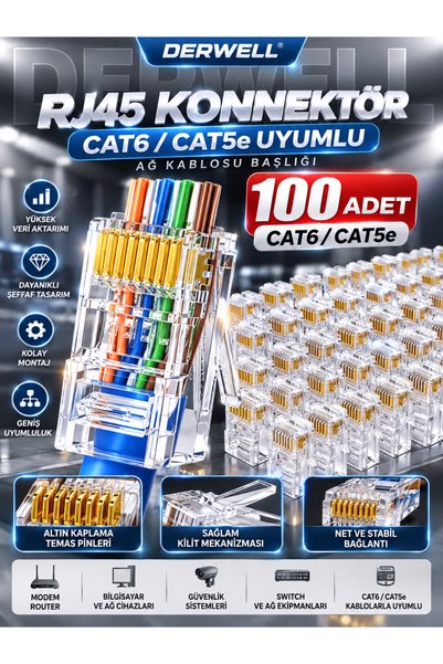 Derwell 100 Adet Yeni Nesil Delikli Açık Uçlu Ez Rj45 Cat5 Cat6 Ethernet Internet Kablo Soketi Konnektörü 8p8c Jack Utp Uç