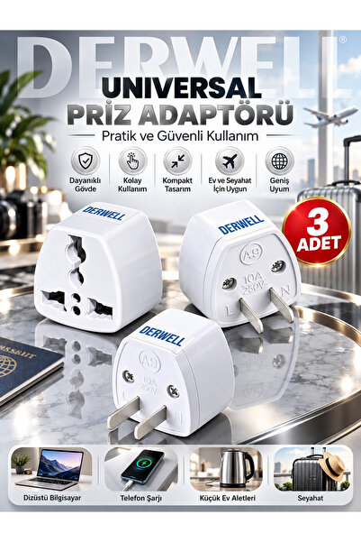 Derwell 3 Adet Ingiltere Abd Fiş Adaptörü 2 Pinli Amerikan Avrupa Seyahat Güç...