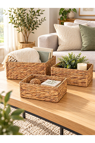 Bahçem Decorative Natural Water Hyacinth Rectangular Wicker Basket Organizer ...