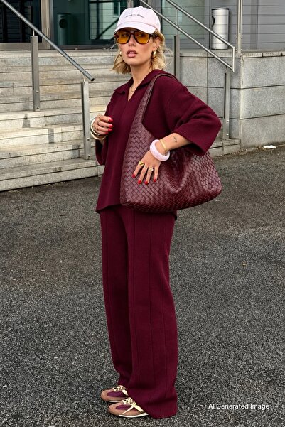 Madmext Burgundy Relaxed Fit Stitching Detail Women's Knitwear Set Mg2584