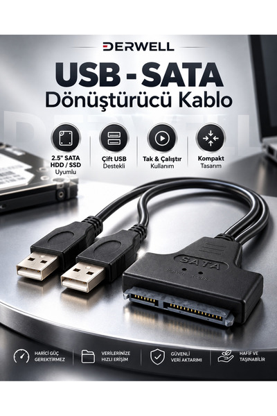 Derwell Yeni 2026 Çift Usb 2.0 Sata 22 Pin 2.5 Inç Sabit Disk Hdd Adaptörü Dö...