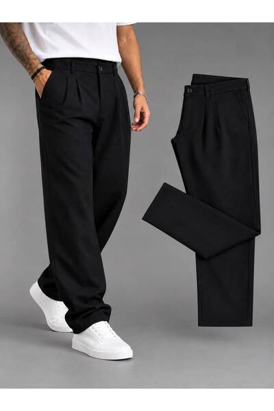hello7 Men's Black Baggy Waist Elastic Double Pleated Black Trousers New Season