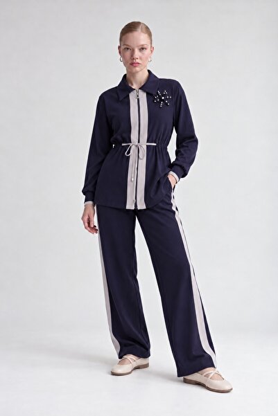 Levidor Double Suit with Pearl Guipure Detail on the Collar, Navy Blue