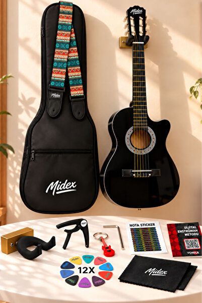 Midex CG-395BK Siyah Klasik Gitar 4/4 Sap Ayarlı Kesik Kasa Full Set (Çanta A...