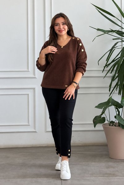 yb yağmur butik Omuz Ve Kol Düğme Detaylı V Yaka Kadife Sweat