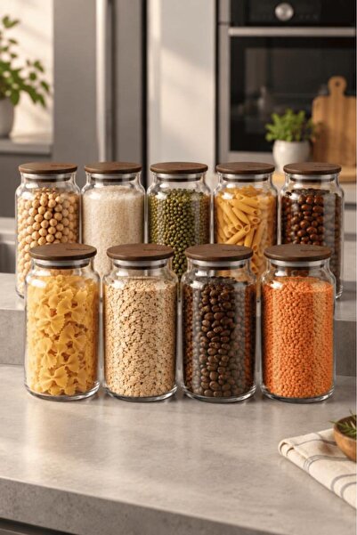 Atbyhome Nero Zone Bambu Kapaklı Cam Saklama Kabı 1300 ml 9'lu - Vakumlu Kile...