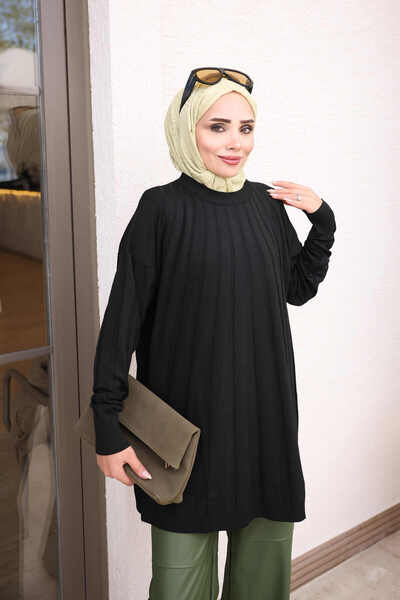 İmajButik Black Crew Neck Mercerized Knitwear Tunic
