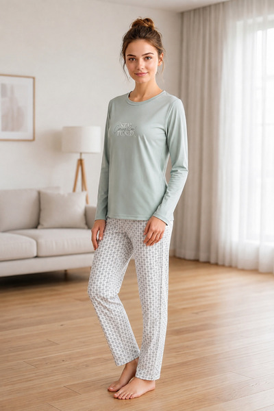 FLZ Women's Winter Viscose Pajama Set Long Sleeve Crew Neck Patterned Trouser...
