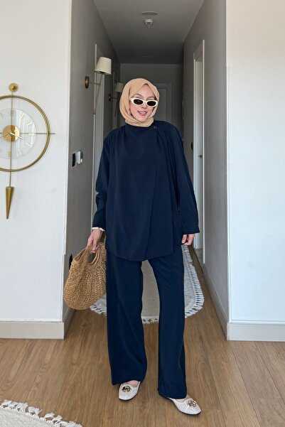 İmajButik Navy Blue Collar Detailed Tunic and Trousers Modal Set