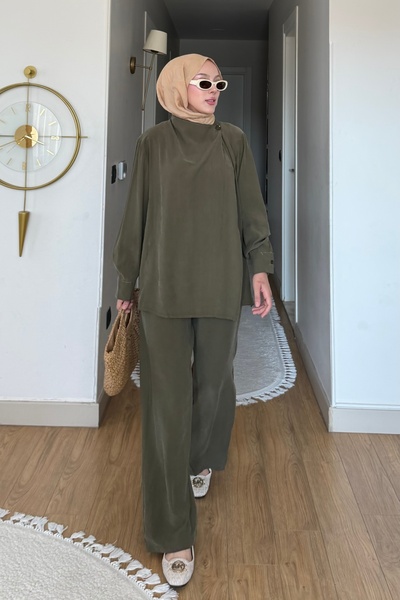 İmajButik Khaki Collar Detailed Tunic and Trousers Modal Set
