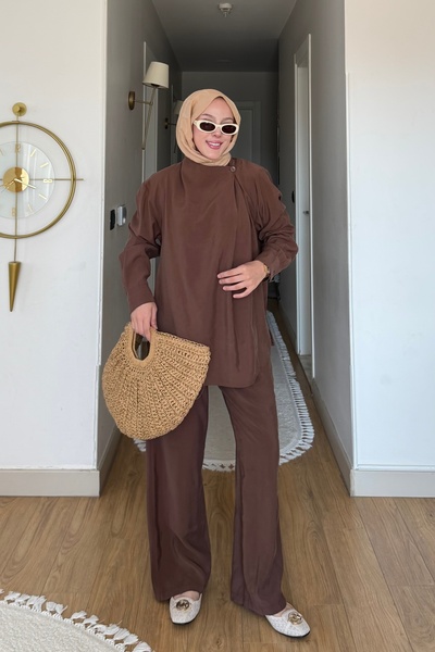 İmajButik Brown Collar Detailed Tunic with Trousers Modal Set