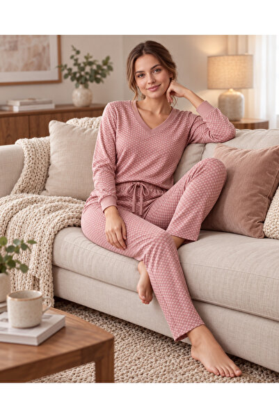 Alperi Women's Viscose Pajamas Set Patterned V-Neck Long Sleeve Homewear Casu...