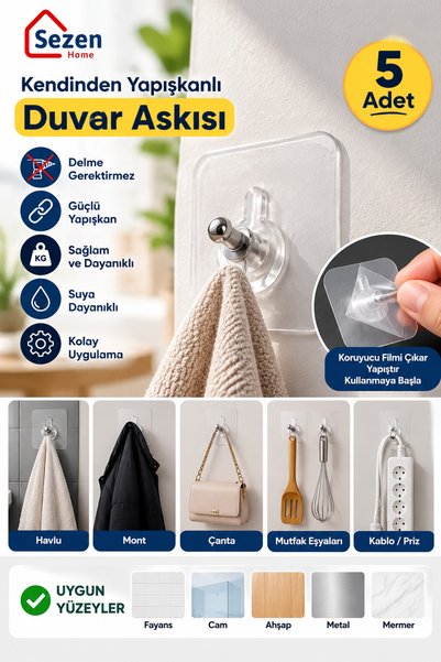 SEZEN HOME Pratik 5 Adet Güçlü Yapışkanlı Duvar Vidası Matkap Delme Yok - Elb...
