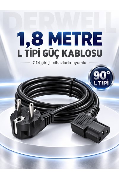 Derwell 1.8 Metre 1.8mt Power Kablo L Tipi C13 Power Kablo 3x0.75 90 Derece K...