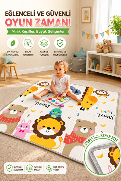 İnfant Hobby Happy Day`s Premium Çift Taraflı Katlanabilir Oyun Matı (ÖZEL KORUYUCU KENAR BİYELİ)