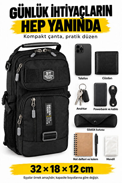 SEVENTEEN 4912 Multi-Compartment Black Crossbody Unisex Chest Bag and Mini Ba...