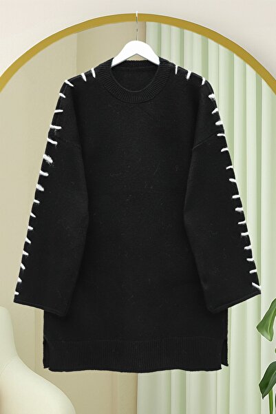 Modamorfo Striped Knit Tunic with Drawstring Sleeves - Black