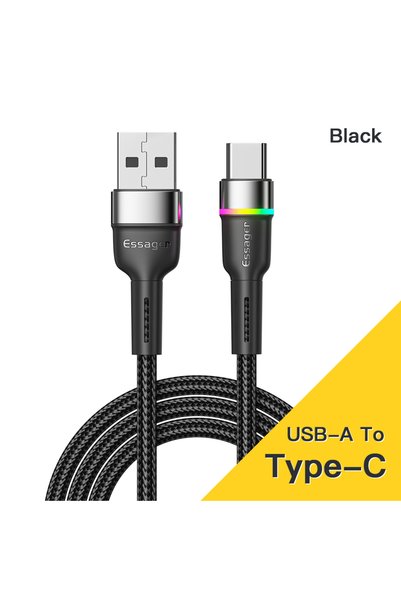 Choice كابل ESSAGER أسود بطول 1 متر، كابل ESSAGER 3A USB من النوع C، كابلات ش...