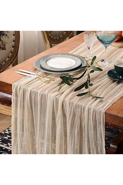 Choice 90X300cm beige 1pc Boho Style Cheesecloth Table Runner - Long Gauze Sh...