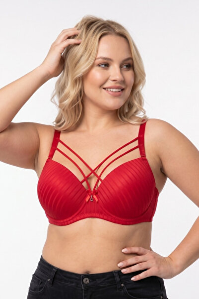wear treasure C Cup Wired Sponge Hollow Cross Strap Red Bra