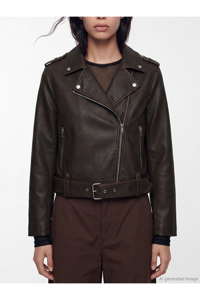 LC Waikiki Brown Biker Collar Women's Leather-Look Jacket