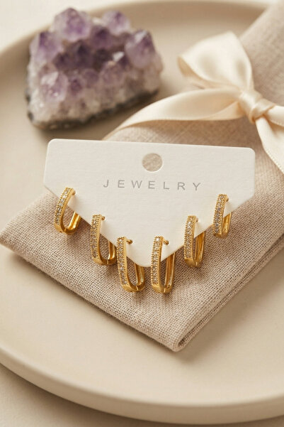 Lisinya Gold Color Zircon Stone Brass Square Model Hoop Women's Earring Set -