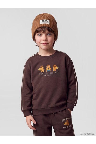 LC Waikiki Brown Printed Boys' Thick Sweatshirt