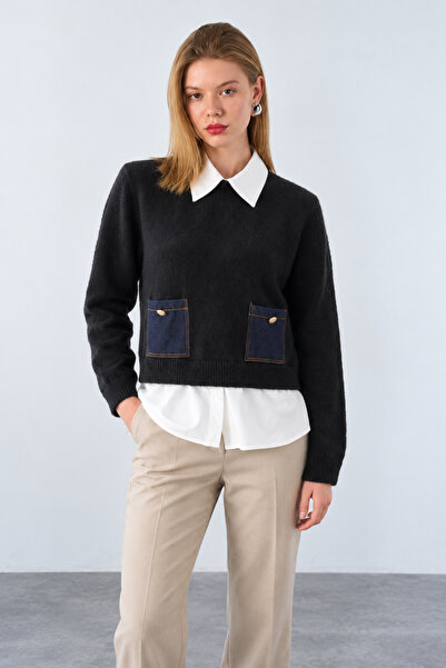 Lupies Women's Black Shirt with Pocket Detail Knit Sweater