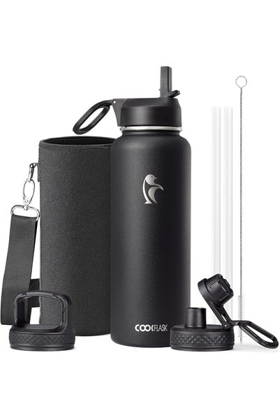 Coolflask زجاجة ماء معزولة مع 3 أغطية، سعة 1.2 لتر، لون أسود سحري