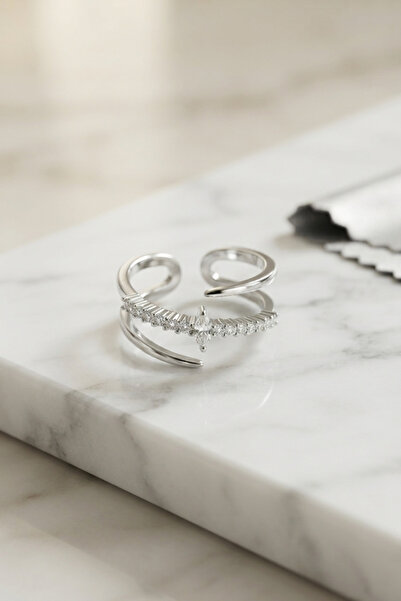 Lisinya Silver Color Tailed Double Row Stone Model Women's Ring -