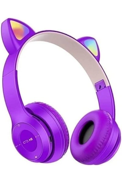 StepCo p47m Kedili Katlanabilir Kulak Üstü Kablosuz Bluetooth 5.0 Kulaklık Ledli Çocuk Kulaklık Mor