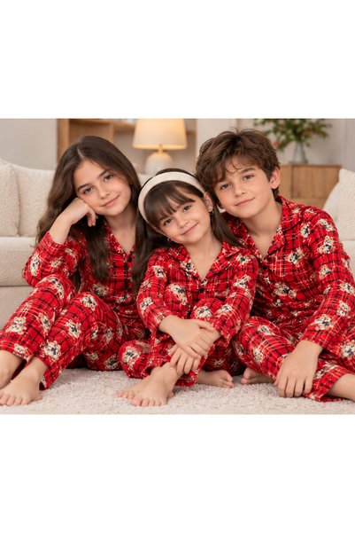 KOKOŞ BEBEK Girls' and Boys' Suede Pajama Set with Teddy Bear Pattern, Long Sleeve Top and Bottom Set - Ages 5/14 - 31945