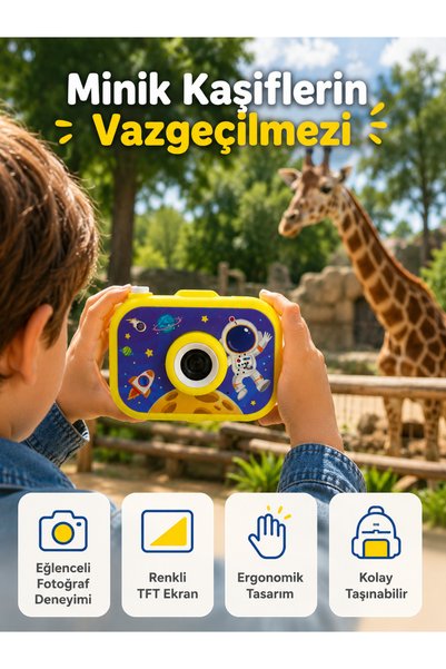 StepCo Çocuk Dijital Kamera HD Fotoğraf ve Video Çekimi 2.0 İnç TFT Ekran Type-C Şarjlı Mini Tripodlu