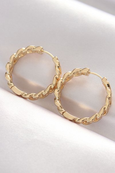 Toptan Bulurum Brass Gold Color Chain Model Hoop Earrings