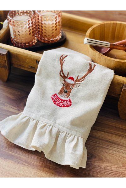 HOME OF BLOSSOM Raw Linen Christmas Deer Embroidered-Ruffled Kitchen Towel 40X60Cm