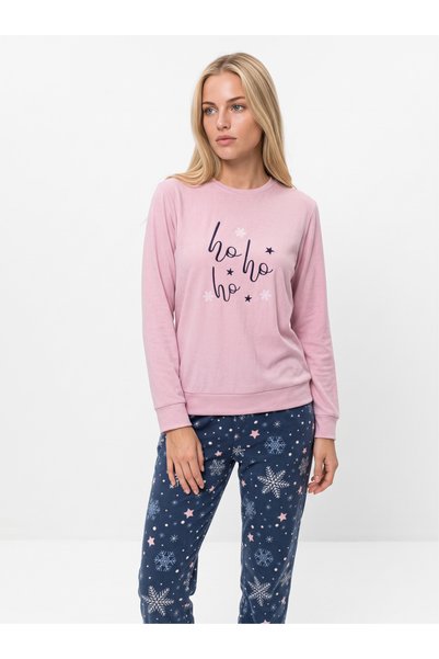 PİJAMANGEL Women's Thermal Pajama Set Pink with Snow Pattern