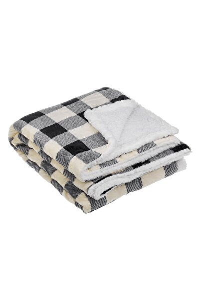 OEM Pătură tip pled Sherpa, alb-negru, în carouri, 160x130cm, pentru canapea