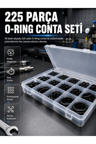 AKILLI 225 Parça O-Ring Conta Seti 18 Farklı Ölçü Kauçuk Sızdırmazlık Conta Organizer Kutulu