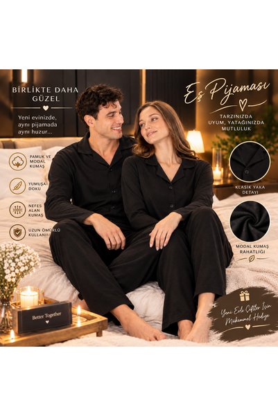 KLY Kadın Erkek Eş Pijaması Çift Pijama Takımı Modal Pamuklu Önden Düğmeli Şı...
