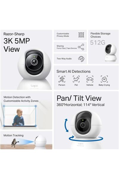 C230, 3K 5MP, Yapay Zeka Desteği, Hareket Takibi, 360°, 12m Gece Görüşü, Çift Yönlü Sesli İletişim,