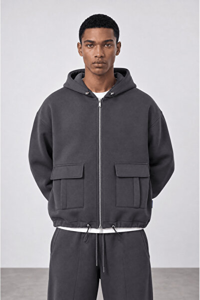 Respire Men's Pocket Detailed Panda Oversize Zip Smoked