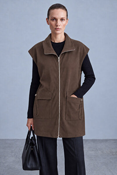 Puane Zippered High Collar Pocketed Long Tunic Brown 10834