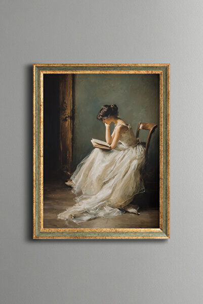 epiqart امرأة تقرأ كتابًا في فستان أبيض - لوحة بتصميم عتيق - نموذج نحيف