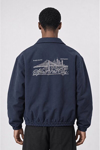 Respire Men's the City Embroidery Detailed Oversize Jacket Navy Blue