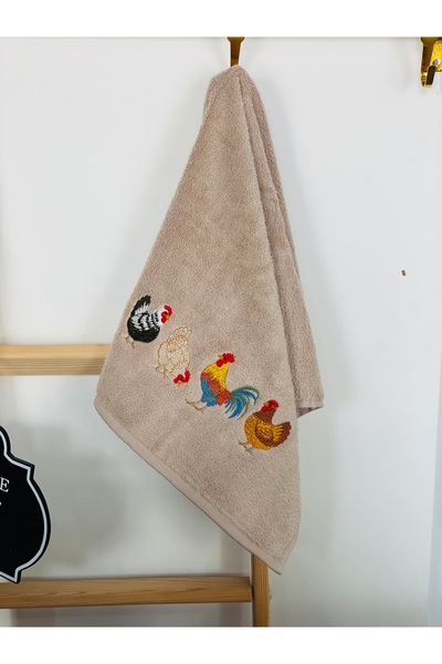 HOME OF BLOSSOM Beige Cotton Farmhouse Themed Embroidered Towel 40X60Cm