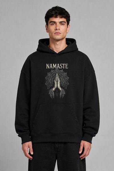 VSRN Namaste Design Pre-Printed Oversize Black Hooded Sweatshirt