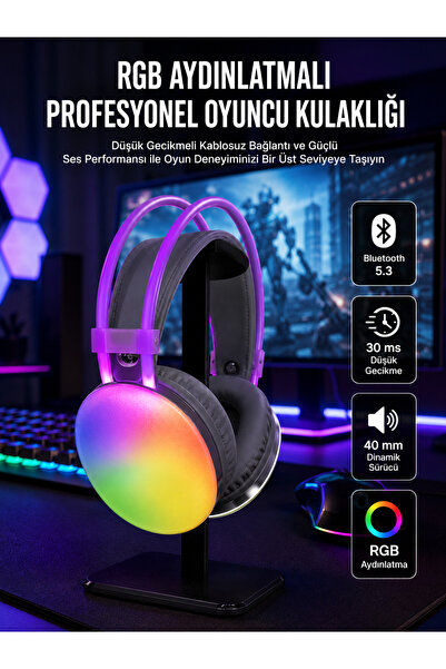 TinyBox RGB Işıklı Yüksek Ses Kaliteli Kablosuz Kulak Üstü Bluetooth Kulaklık