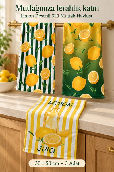 Dotamess Meyve Desenli 3’lü Mutfak Havlusu Seti 30x50 cm Limon Desenli Sarı Y...
