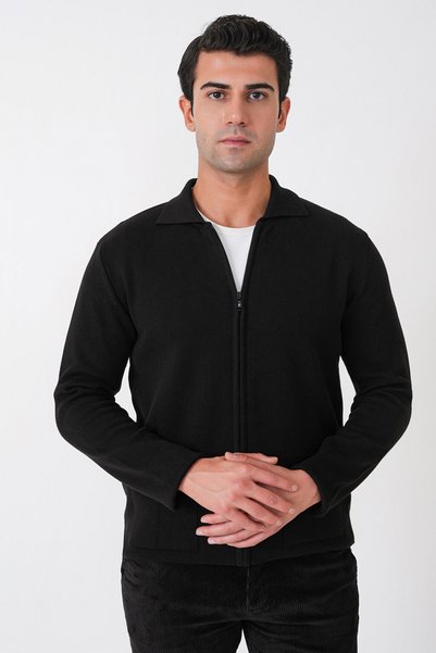 Efor Comfort Fit Zippered Pocket Wool Black Cardigan Tr 896